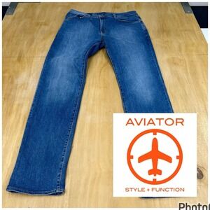 Aviator Style Function Jeans Mens 36x34 Straight Fit Faded Indigo Stretch Denim
